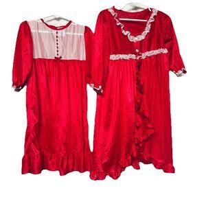Vintage Nylon Moonbeams Gown Robe Set 2 Pc Toddler 2T Red w Lace Trim Christmas